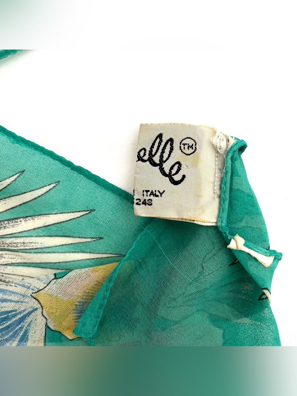 Vintage Tres-Elle Italian Floral Scarf Wrap Teal Aqua Tropical Hibiscus 70s - Picture 4 of 7